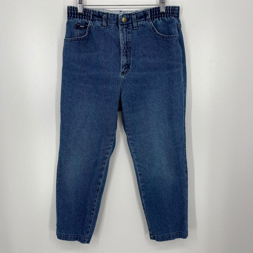 Vintage Lee High Waisted Mom Jeans Medium Wash Elastic Waist Tapered Leg 14 PET